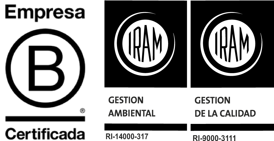 Certificaciones: Empresa B,Iram gestión ambiental e Iram gestión de la calidad